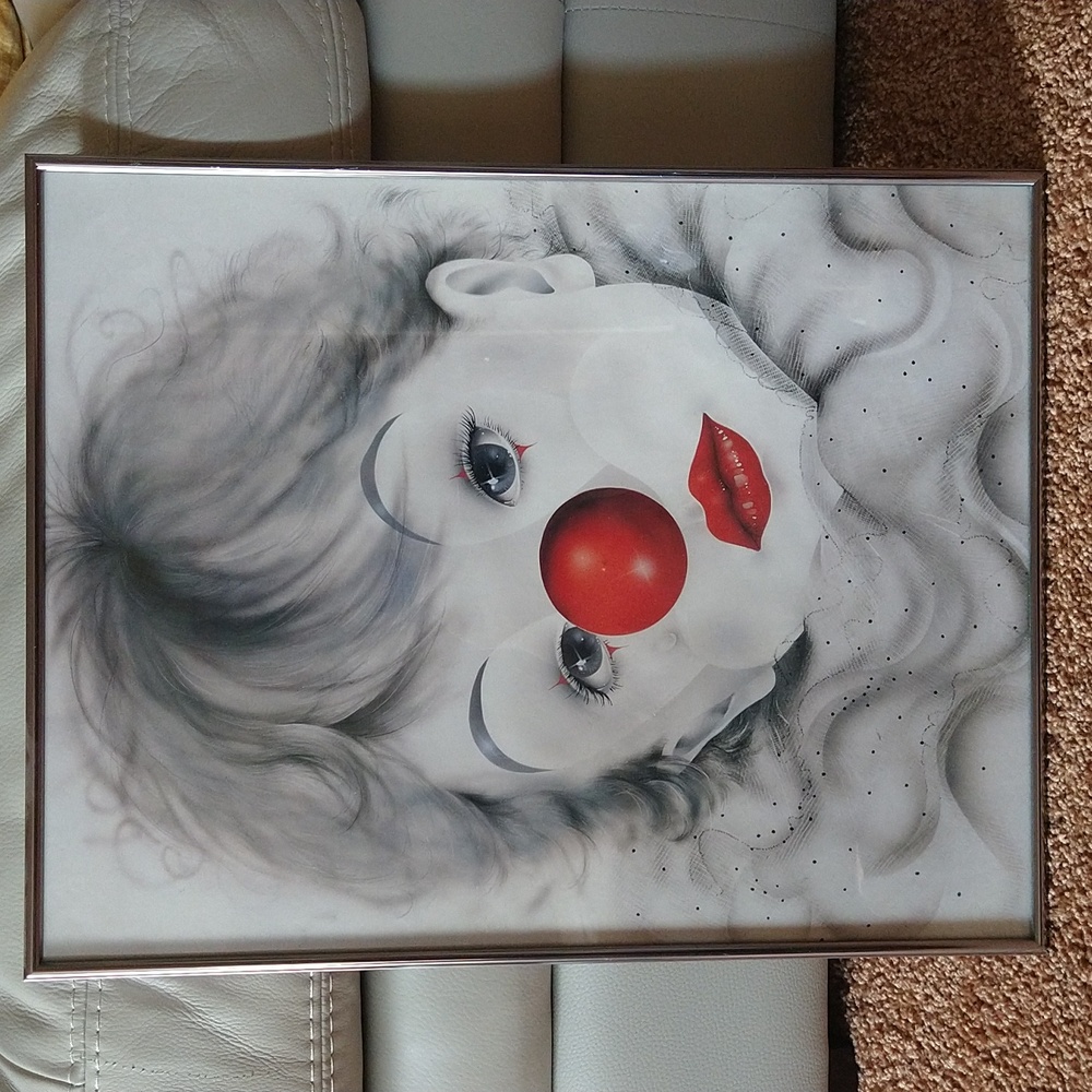 Baby child clown print framed wall decor vintage